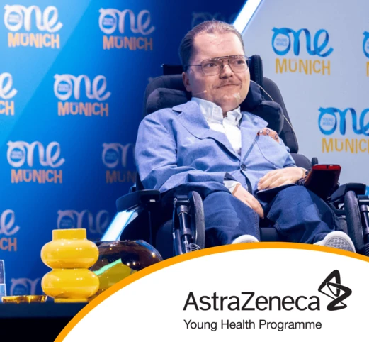 Image of former YHP participant, Jakob, speaking on stage at the One Young World 2025 Summit